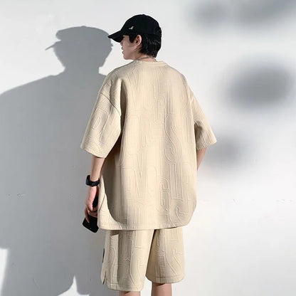 2025 3D Men's new Waffle TZ30 Summer Suit  Casual T-shirt + Shorts Suit Men's Tracksuit Solid color tracksuit loose suit - ZOOMNSTORE