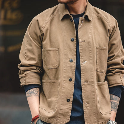 Mens Heavyweight Twill Chore Coat - Four-Pocket Utility Jacket in Khaki - ZOOMNSTORE