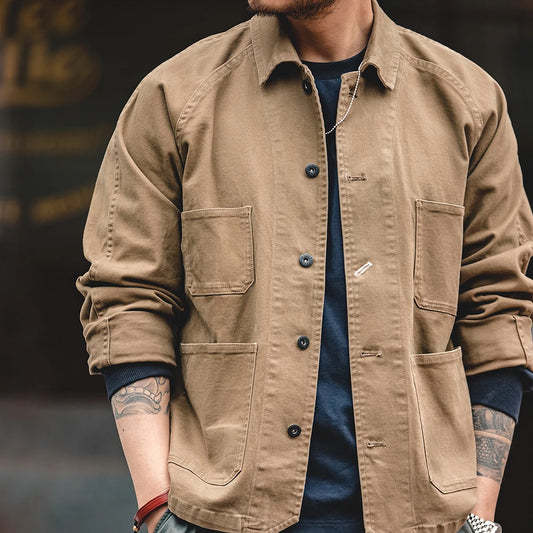 Mens Heavyweight Twill Chore Coat - Four-Pocket Utility Jacket in Khaki - ZOOMNSTORE