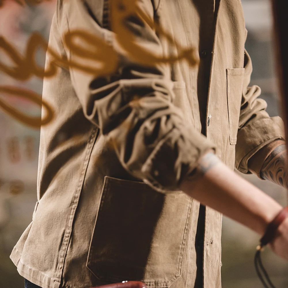 Mens Heavyweight Twill Chore Coat - Four-Pocket Utility Jacket in Khaki - ZOOMNSTORE