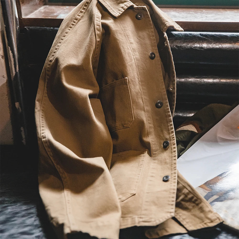 Mens Heavyweight Twill Chore Coat - Four-Pocket Utility Jacket in Khaki - ZOOMNSTORE
