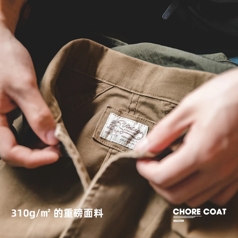Mens Heavyweight Twill Chore Coat - Four-Pocket Utility Jacket in Khaki - ZOOMNSTORE