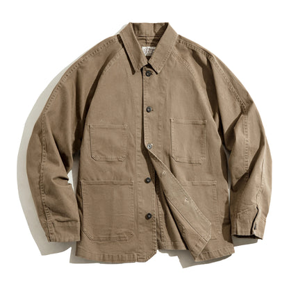 Mens Heavyweight Twill Chore Coat - Four-Pocket Utility Jacket in Khaki - ZOOMNSTORE