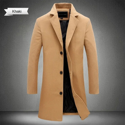 Men's Cotton Coat - Slim Long Wool Blend Casual Business Jacket With Turn-Down Collar - ZOOMNSTORE