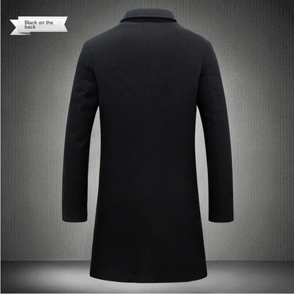 Men's Cotton Coat - Slim Long Wool Blend Casual Business Jacket With Turn-Down Collar - ZOOMNSTORE