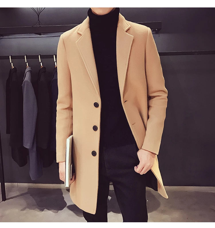 Men's Cotton Coat - Slim Long Wool Blend Casual Business Jacket With Turn-Down Collar - ZOOMNSTORE
