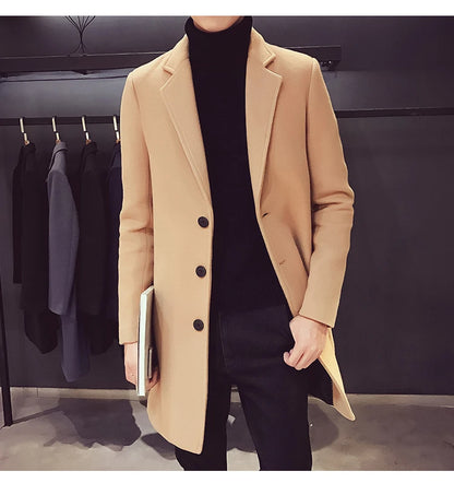 Men's Cotton Coat - Slim Long Wool Blend Casual Business Jacket With Turn-Down Collar - ZOOMNSTORE