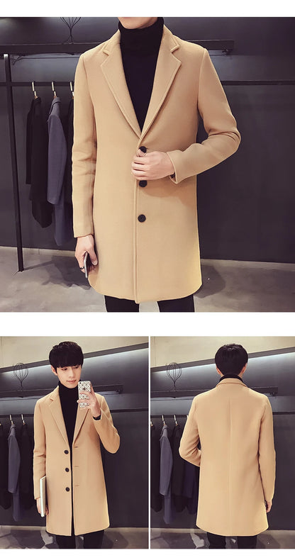 Men's Cotton Coat - Slim Long Wool Blend Casual Business Jacket With Turn-Down Collar - ZOOMNSTORE