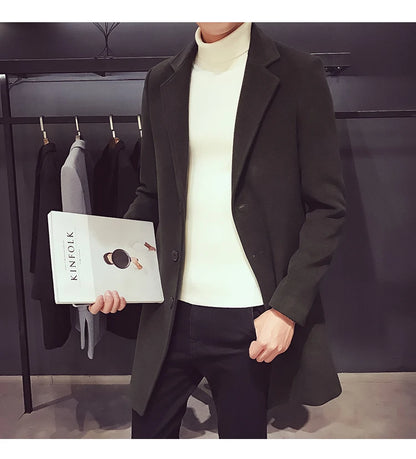 Men's Cotton Coat - Slim Long Wool Blend Casual Business Jacket With Turn-Down Collar - ZOOMNSTORE