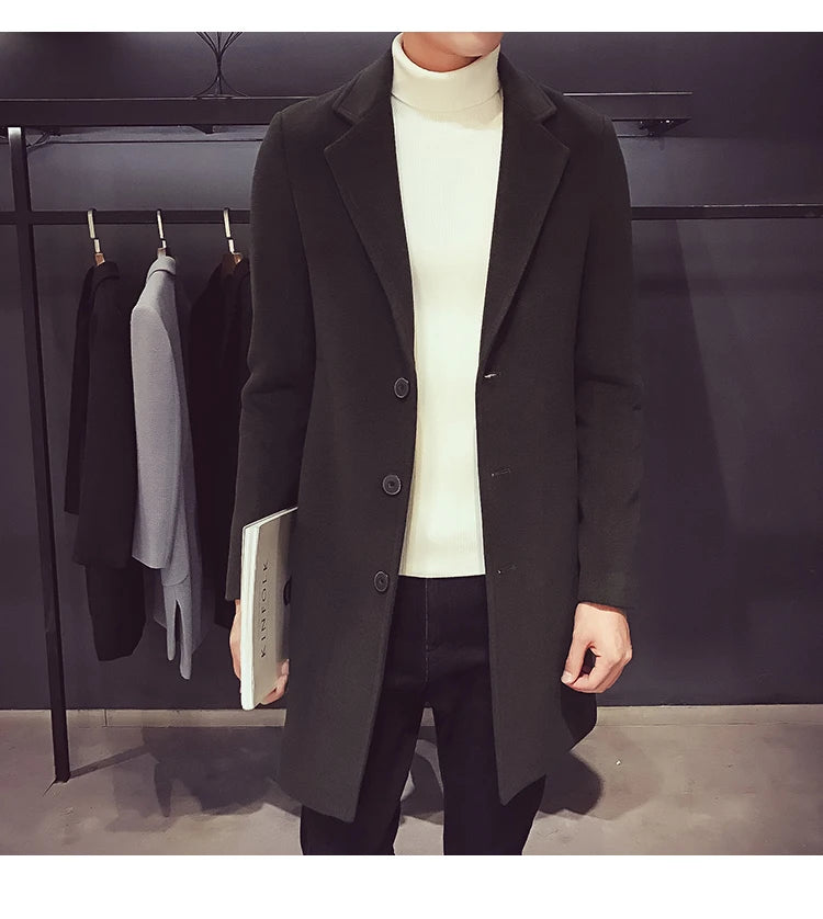 Men's Cotton Coat - Slim Long Wool Blend Casual Business Jacket With Turn-Down Collar - ZOOMNSTORE