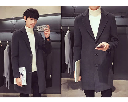 Men's Cotton Coat - Slim Long Wool Blend Casual Business Jacket With Turn-Down Collar - ZOOMNSTORE