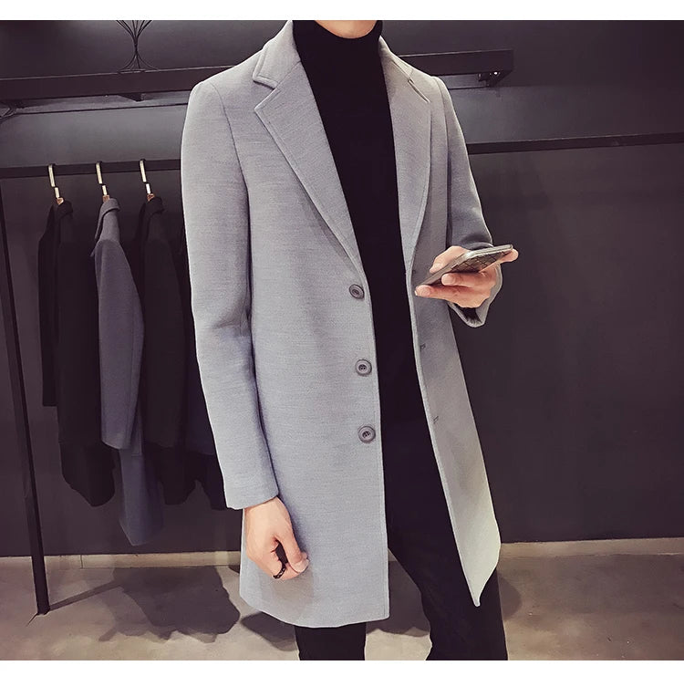 Men's Cotton Coat - Slim Long Wool Blend Casual Business Jacket With Turn-Down Collar - ZOOMNSTORE