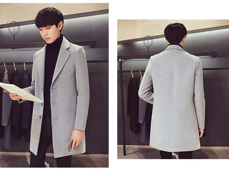 Men's Cotton Coat - Slim Long Wool Blend Casual Business Jacket With Turn-Down Collar - ZOOMNSTORE