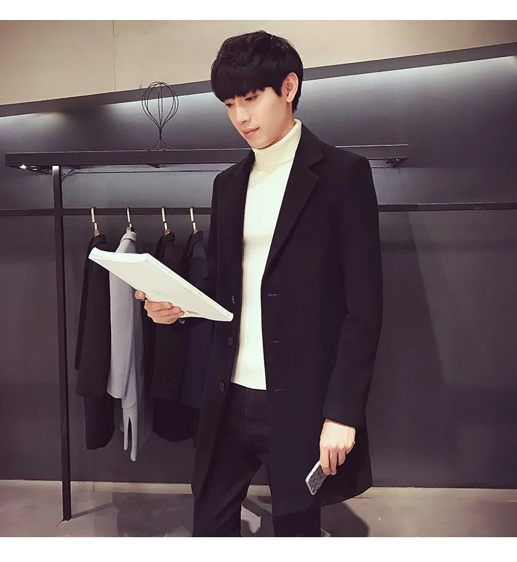 Men's Cotton Coat - Slim Long Wool Blend Casual Business Jacket With Turn-Down Collar - ZOOMNSTORE