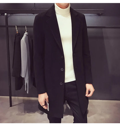 Men's Cotton Coat - Slim Long Wool Blend Casual Business Jacket With Turn-Down Collar - ZOOMNSTORE