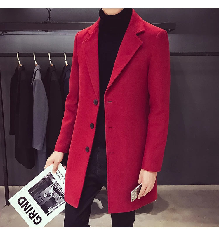 Men's Cotton Coat - Slim Long Wool Blend Casual Business Jacket With Turn-Down Collar - ZOOMNSTORE