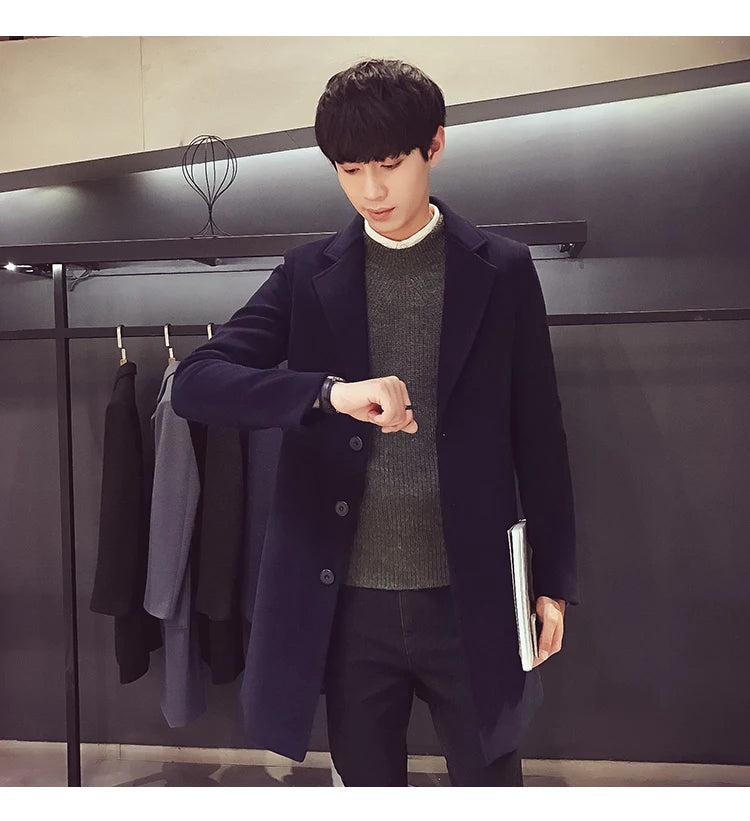 Men's Cotton Coat - Slim Long Wool Blend Casual Business Jacket With Turn-Down Collar - ZOOMNSTORE