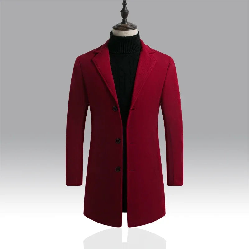 Men's Cotton Coat - Slim Long Wool Blend Casual Business Jacket With Turn-Down Collar - ZOOMNSTORE