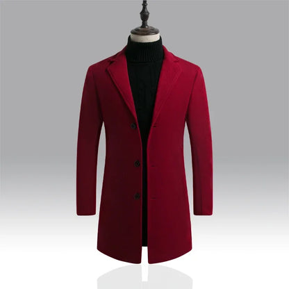 Men's Cotton Coat - Slim Long Wool Blend Casual Business Jacket With Turn-Down Collar - ZOOMNSTORE