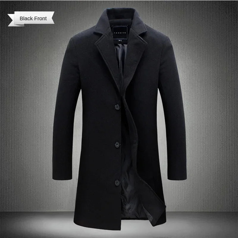 Men's Cotton Coat - Slim Long Wool Blend Casual Business Jacket With Turn-Down Collar - ZOOMNSTORE