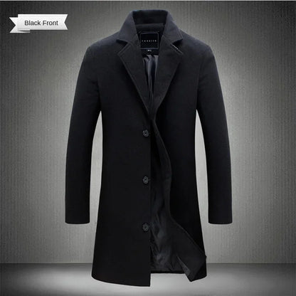 Men's Cotton Coat - Slim Long Wool Blend Casual Business Jacket With Turn-Down Collar - ZOOMNSTORE
