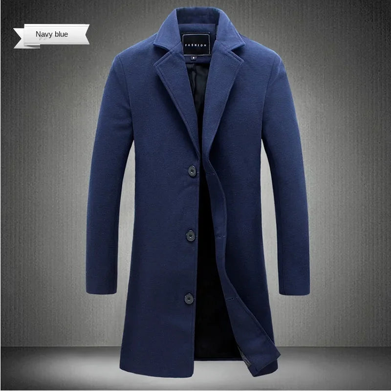 Men's Cotton Coat - Slim Long Wool Blend Casual Business Jacket With Turn-Down Collar - ZOOMNSTORE