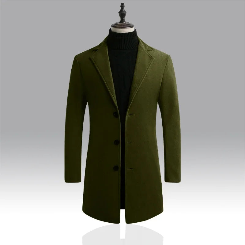 Men's Cotton Coat - Slim Long Wool Blend Casual Business Jacket With Turn-Down Collar - ZOOMNSTORE
