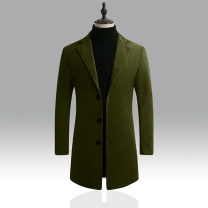 Men's Cotton Coat - Slim Long Wool Blend Casual Business Jacket With Turn-Down Collar - ZOOMNSTORE