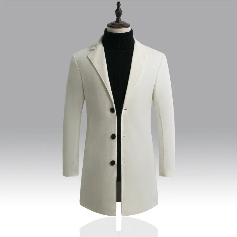 Men's Cotton Coat - Slim Long Wool Blend Casual Business Jacket With Turn-Down Collar - ZOOMNSTORE