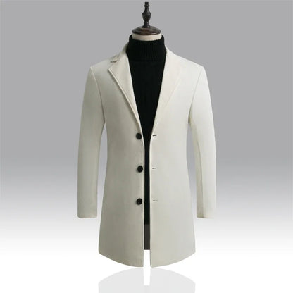 Men's Cotton Coat - Slim Long Wool Blend Casual Business Jacket With Turn-Down Collar - ZOOMNSTORE