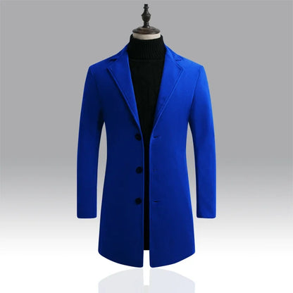 Men's Cotton Coat - Slim Long Wool Blend Casual Business Jacket With Turn-Down Collar - ZOOMNSTORE