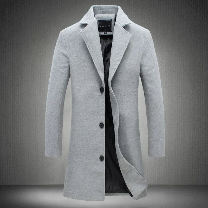 Men's Cotton Coat - Slim Long Wool Blend Casual Business Jacket With Turn-Down Collar - ZOOMNSTORE