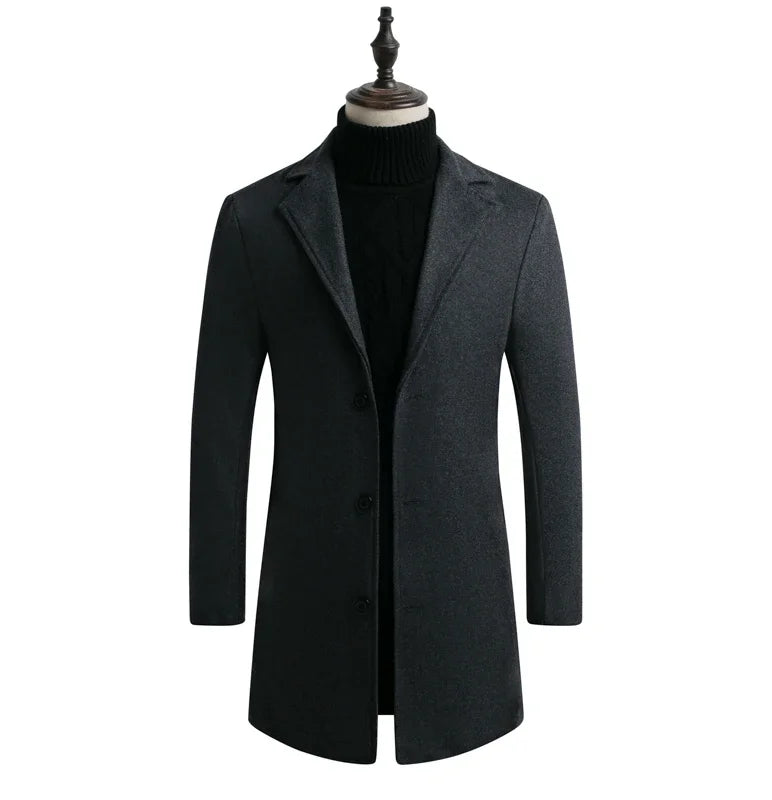 Men's Cotton Coat - Slim Long Wool Blend Casual Business Jacket With Turn-Down Collar - ZOOMNSTORE