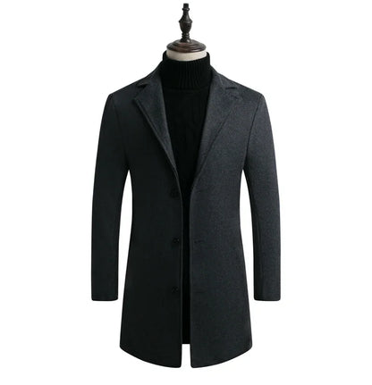 Men's Cotton Coat - Slim Long Wool Blend Casual Business Jacket With Turn-Down Collar - ZOOMNSTORE
