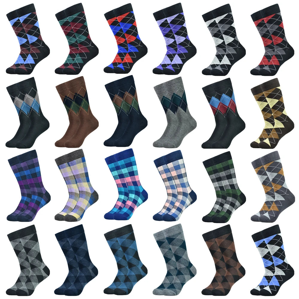 Mens Black Argyle Crew Socks - 5 Pairs Funny Cotton Dress Socks - ZOOMNSTORE