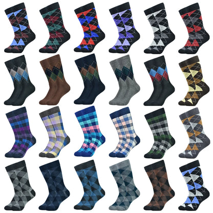 Mens Black Argyle Crew Socks - 5 Pairs Funny Cotton Dress Socks - ZOOMNSTORE