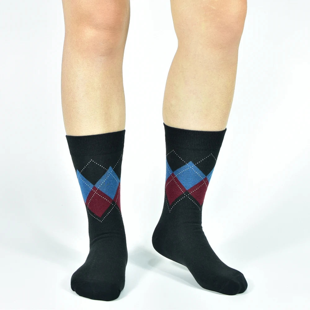 Mens Black Argyle Crew Socks - 5 Pairs Funny Cotton Dress Socks - ZOOMNSTORE