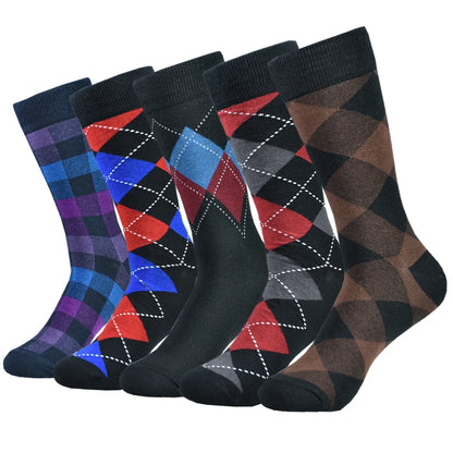 Mens Black Argyle Crew Socks - 5 Pairs Funny Cotton Dress Socks - ZOOMNSTORE