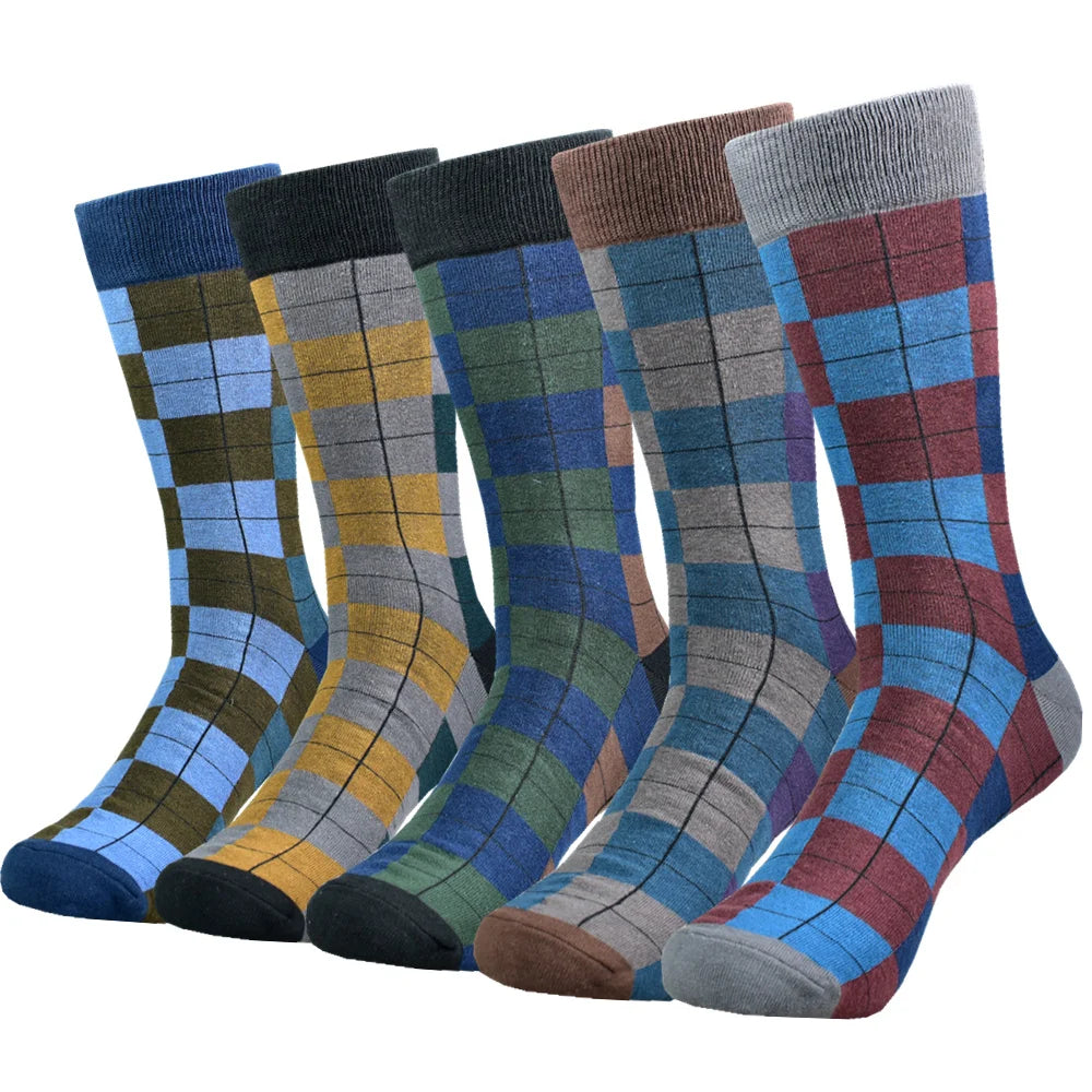 Mens Black Argyle Crew Socks - 5 Pairs Funny Cotton Dress Socks - ZOOMNSTORE