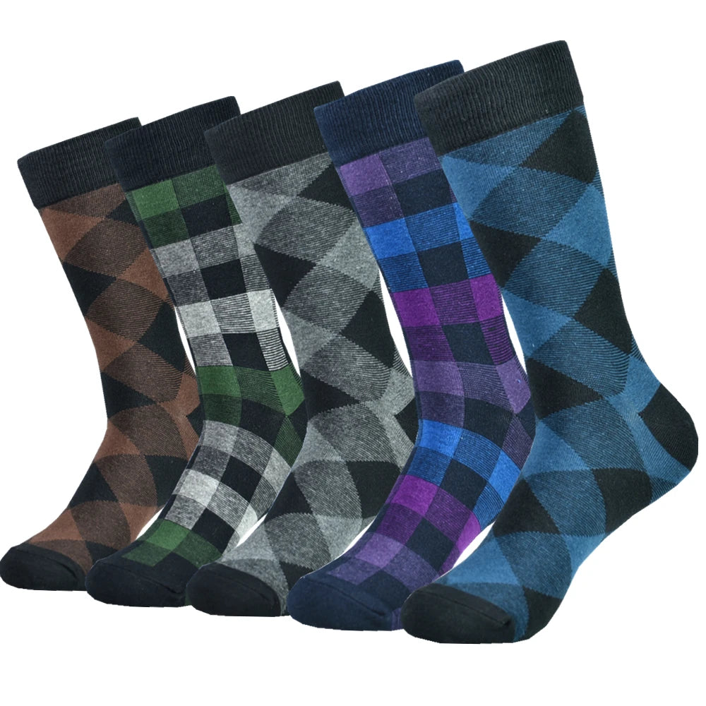 Mens Black Argyle Crew Socks - 5 Pairs Funny Cotton Dress Socks - ZOOMNSTORE