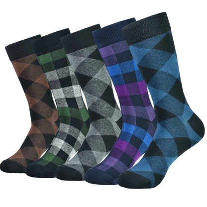 Mens Black Argyle Crew Socks - 5 Pairs Funny Cotton Dress Socks - ZOOMNSTORE
