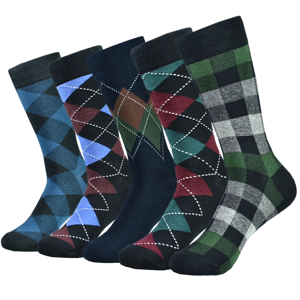 Mens Black Argyle Crew Socks - 5 Pairs Funny Cotton Dress Socks - ZOOMNSTORE