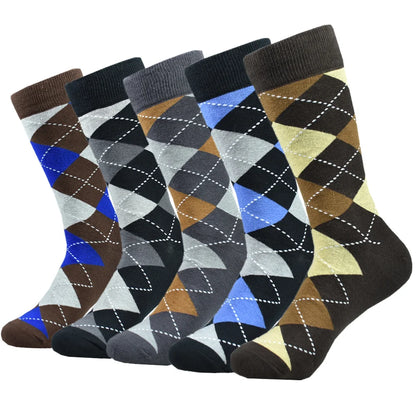 Mens Black Argyle Crew Socks - 5 Pairs Funny Cotton Dress Socks - ZOOMNSTORE