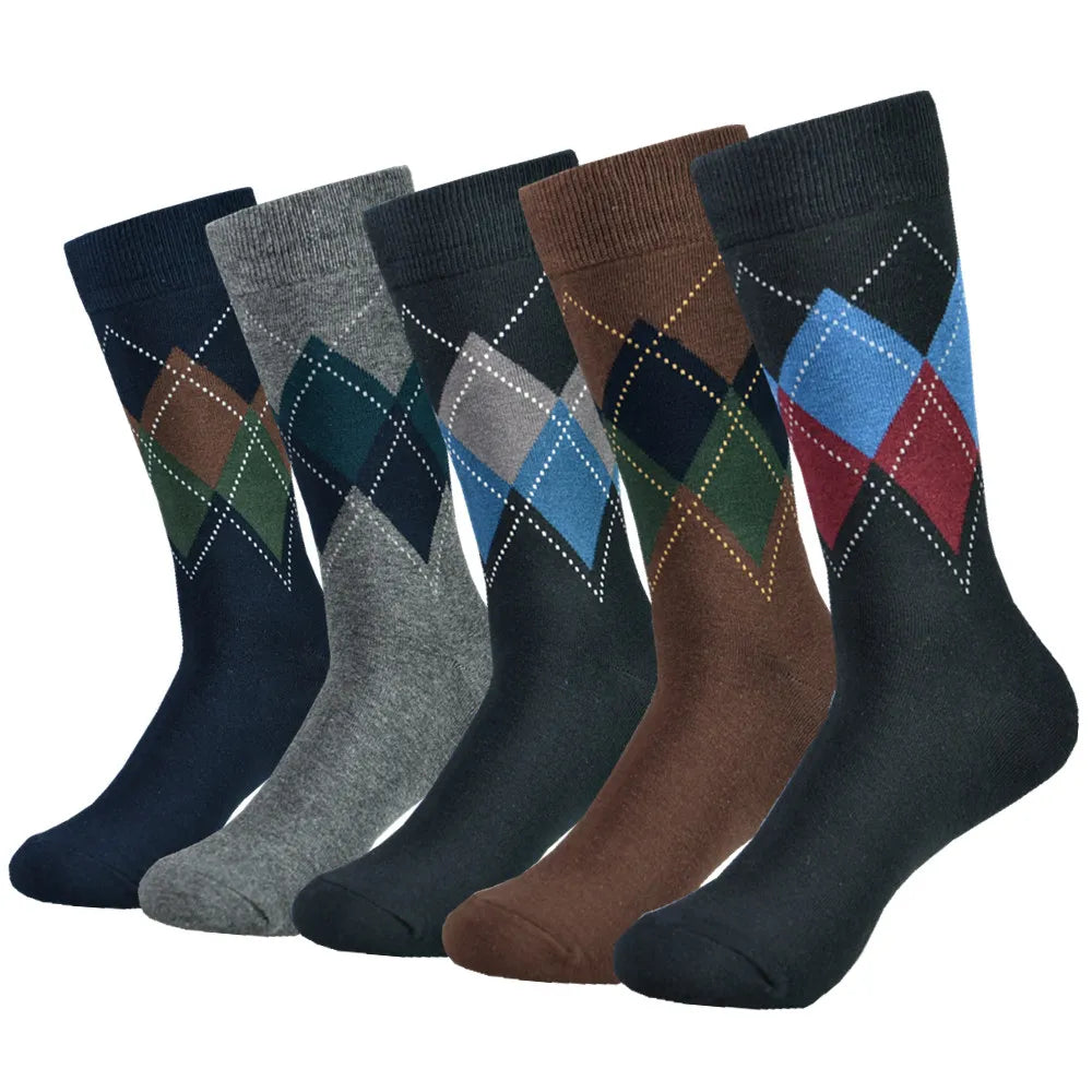 Mens Black Argyle Crew Socks - 5 Pairs Funny Cotton Dress Socks - ZOOMNSTORE