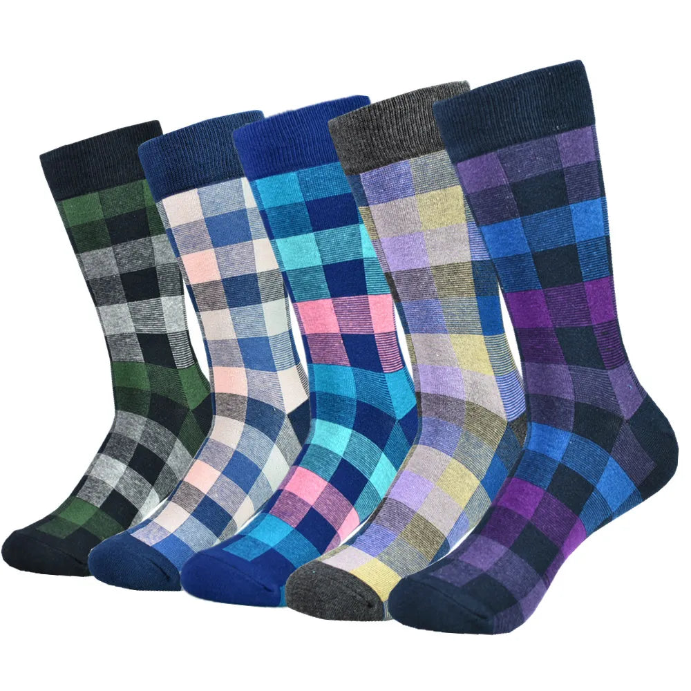 Mens Black Argyle Crew Socks - 5 Pairs Funny Cotton Dress Socks - ZOOMNSTORE