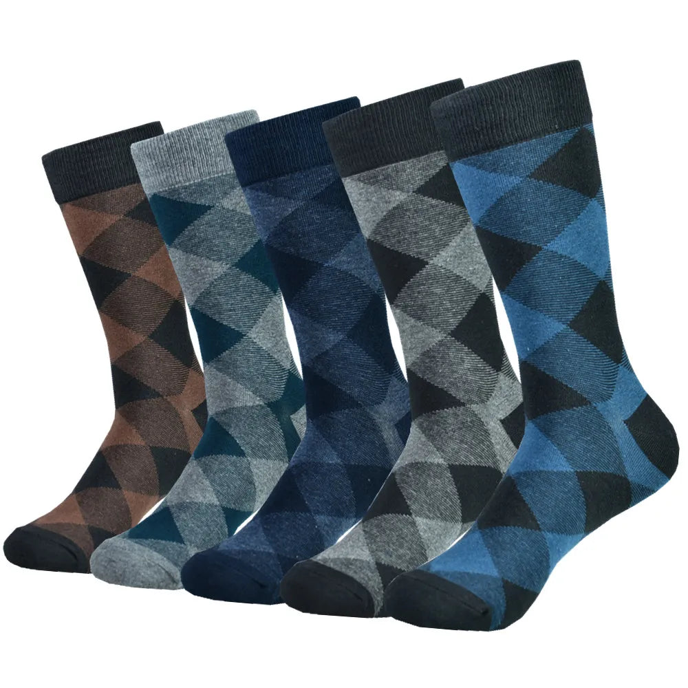 Mens Black Argyle Crew Socks - 5 Pairs Funny Cotton Dress Socks - ZOOMNSTORE