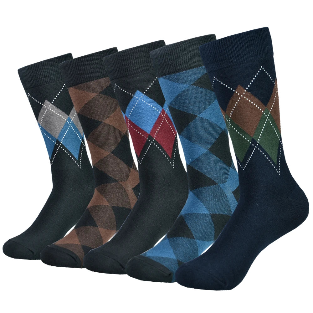 Mens Black Argyle Crew Socks - 5 Pairs Funny Cotton Dress Socks - ZOOMNSTORE