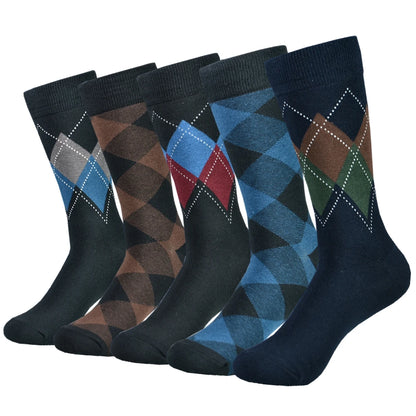 Mens Black Argyle Crew Socks - 5 Pairs Funny Cotton Dress Socks - ZOOMNSTORE