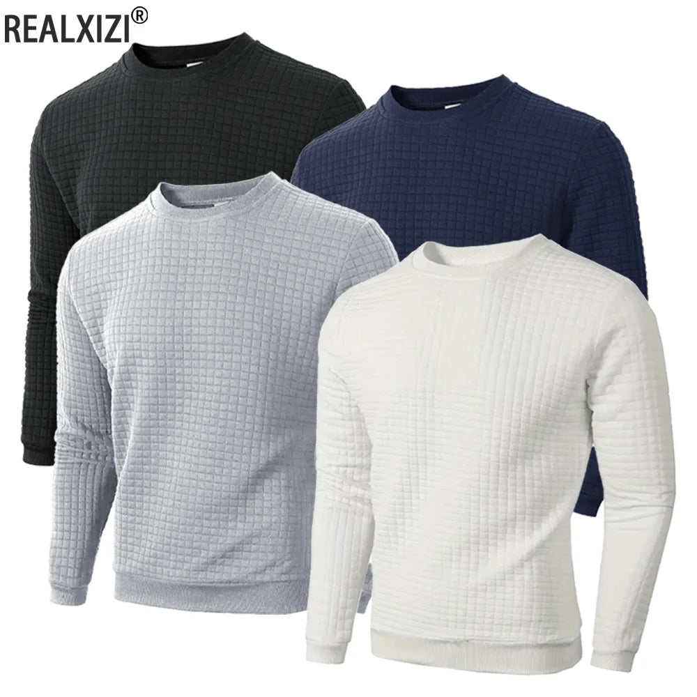 Autumn Men's Crew Neck Pullover Solid Color Casual Jacquard Check Sweatshirt Long Sleeve Warm Slim Sweaters Knitted Streetwear - ZOOMNSTORE