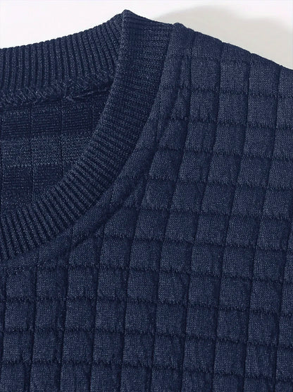 Autumn Men's Crew Neck Pullover Solid Color Casual Jacquard Check Sweatshirt Long Sleeve Warm Slim Sweaters Knitted Streetwear - ZOOMNSTORE